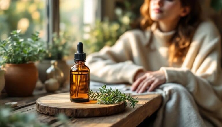Flacon d'huile essentielle de thym vulgaire, remède naturel puissant